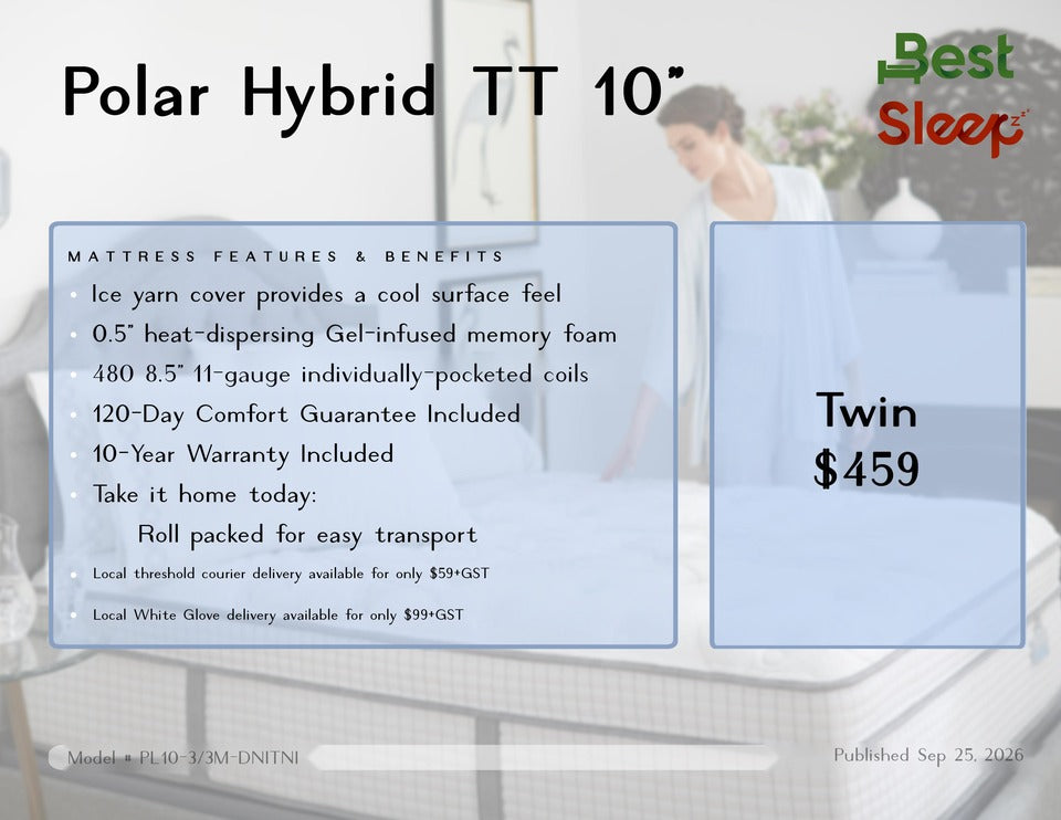 Best Sleep Mattress Polar Hybrid Tight Top 10 in. Pocket coil Bed In A Box TWIN ONLY