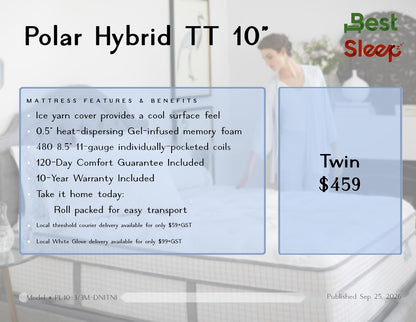 Best Sleep Mattress Polar Hybrid Tight Top 10 in. Pocket coil Bed In A Box TWIN ONLY