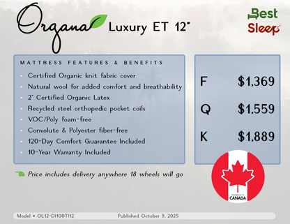 Best Sleep Mattress Demo/Floor Model Queen Organa Luxury ET 12" Organic Mattress Queen Demo/Floor Model