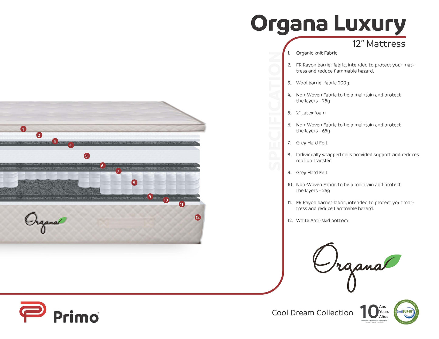 Best Sleep Mattress Demo/Floor Model Queen Organa Luxury ET 12" Organic Mattress Queen Demo/Floor Model