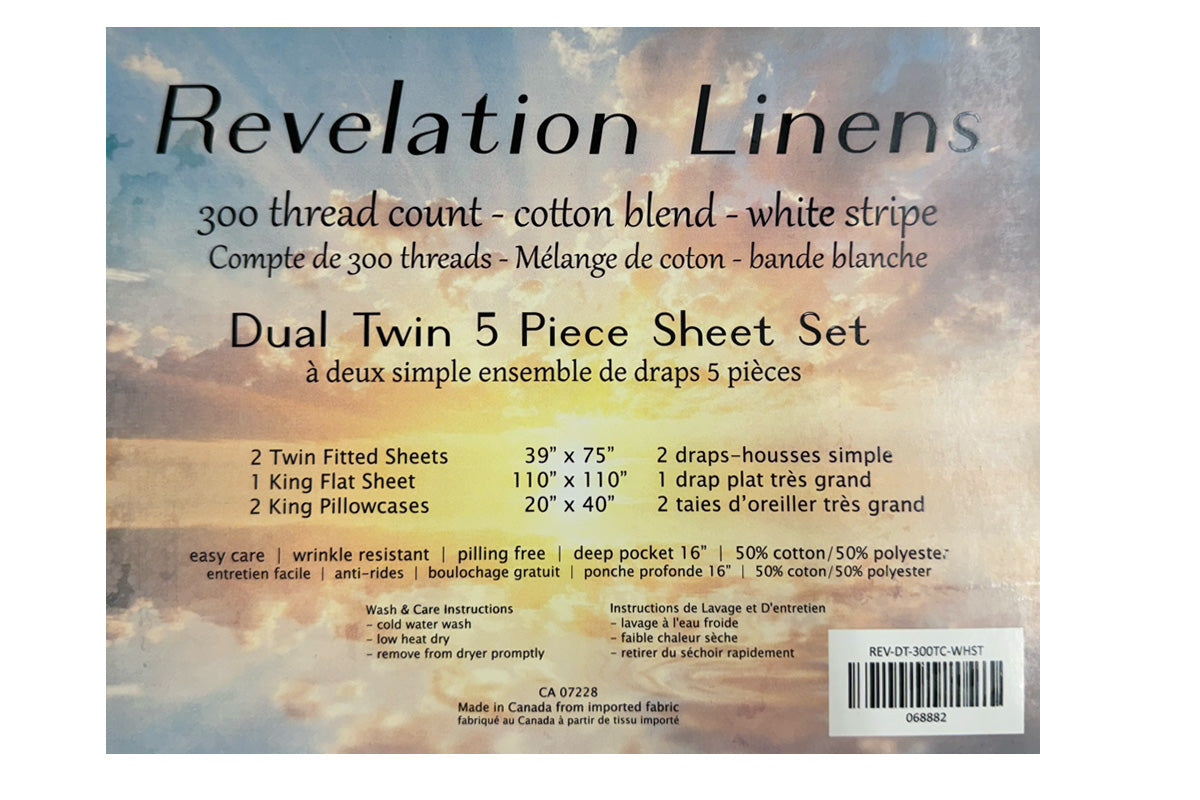 Best Sleep Sheets Dual Twin / White Stripe Revelation 300 Thread Count Poly-Cotton Adjustable Bed Sheets - Dual Twin (Short King) ONLY