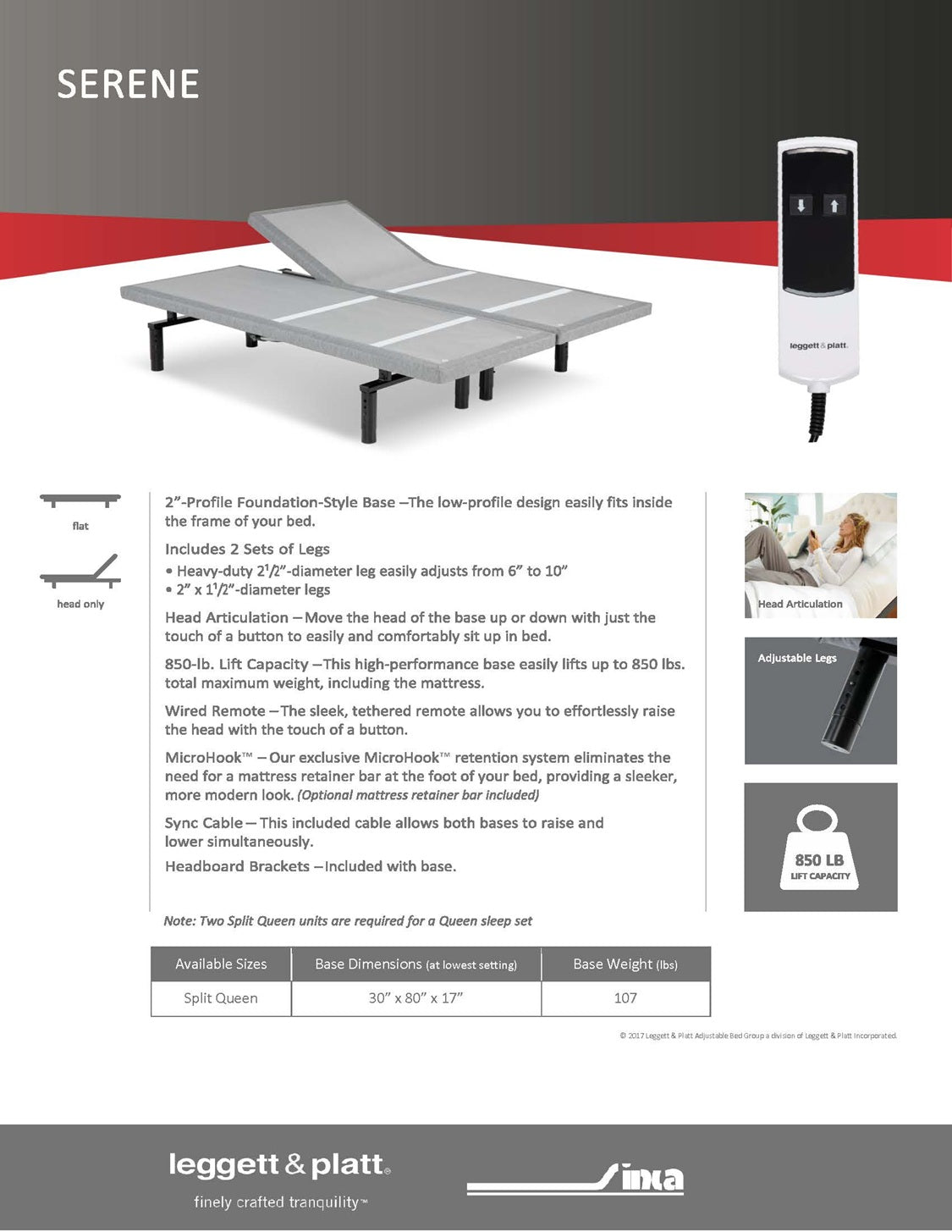 Leggett & Platt Electric Adjustable Beds Split Queen / Adjustable Base Only Serene Lifestyle Electric Adjustable Base - SPLIT QUEEN ONLY