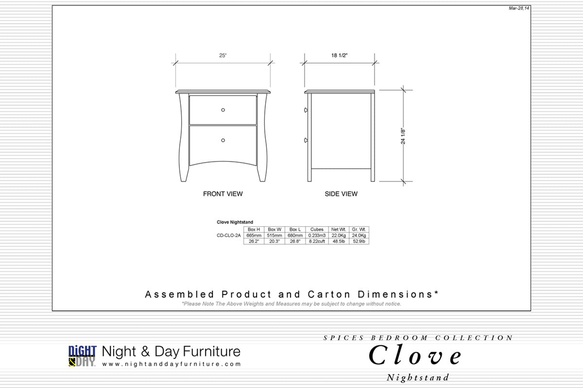 Night and Day Furniture Bedroom Clove Night Stand - 6 Colours