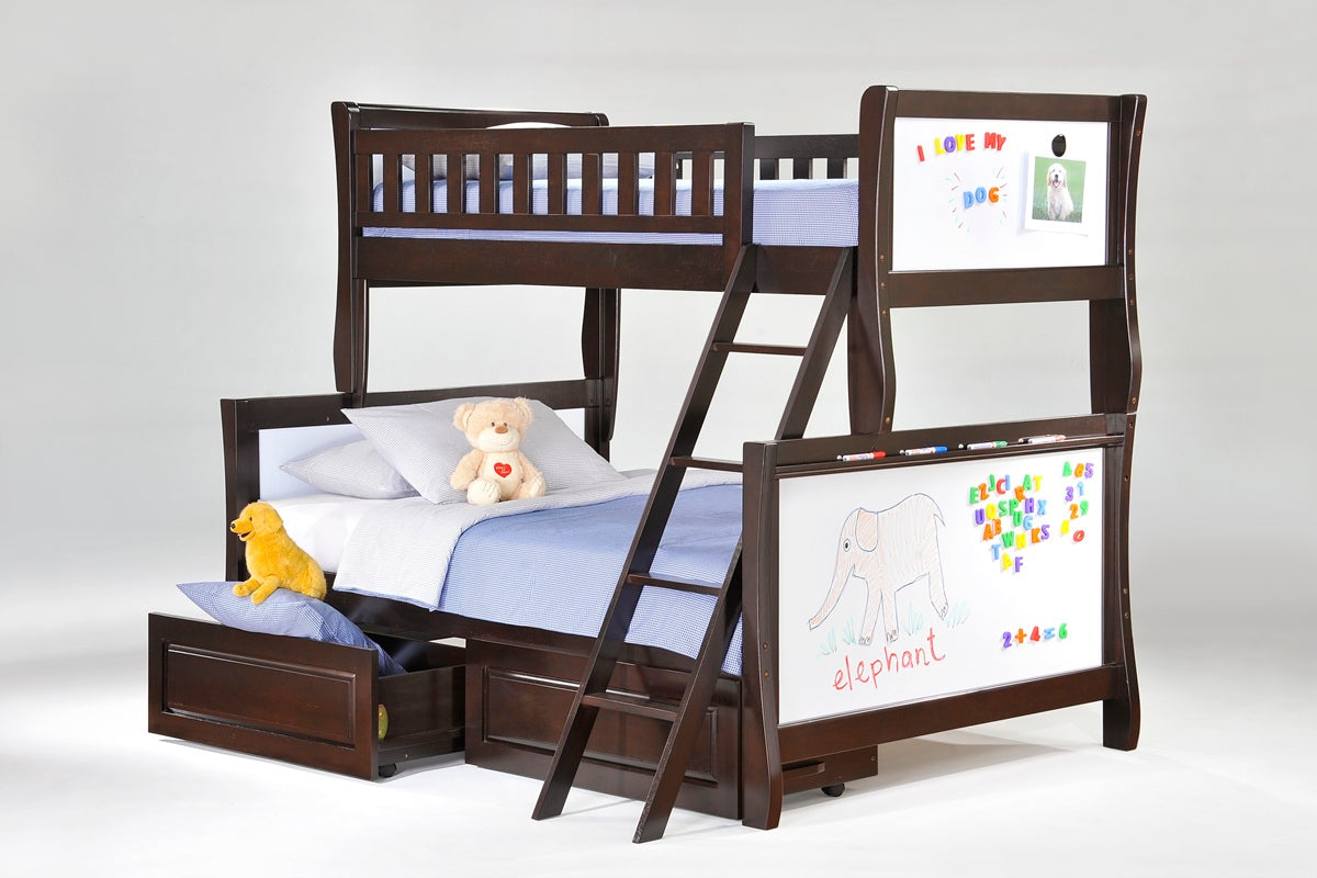 Night and Day Furniture Bunk Beds Bunkbed with set of 2 storage drawers Scribbles Twin over Full Hardwood Bunk - Chocolate, In-Stock