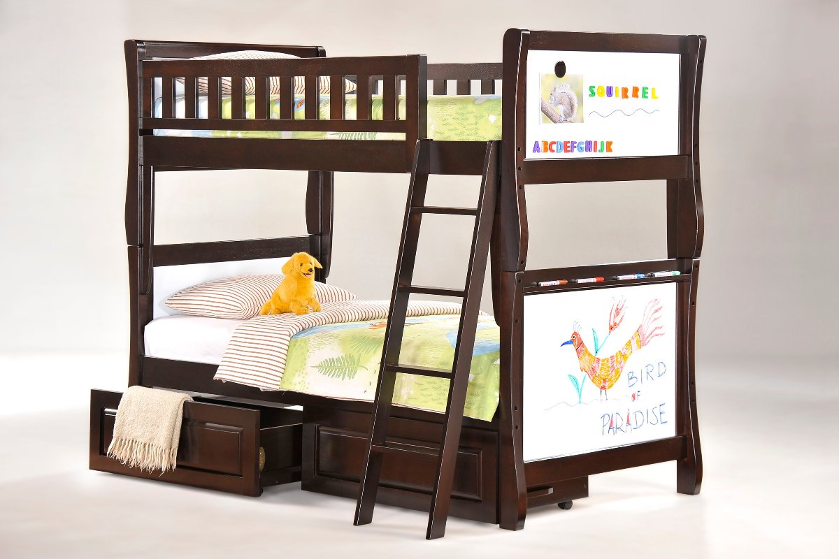 Night and Day Furniture Bunk Beds Bunkbed with set of 2 storage drawers Scribbles Twin over Twin Hardwood Bunk - Chocolate, In-Stock