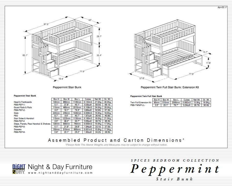 Night and Day Furniture Bunk Beds Peppermint Twin over Full Stair Bunk Bed (5 colours)