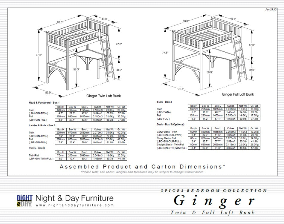 Night and Day Furniture Bunk Beds Ginger Twin Loft Bed (5 colours)