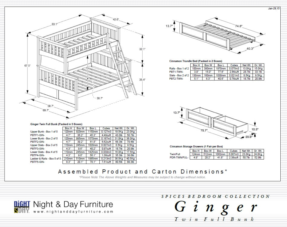 Night and Day Furniture Bunk Beds Ginger Twin Over Full Bunk Bed (5 colours)