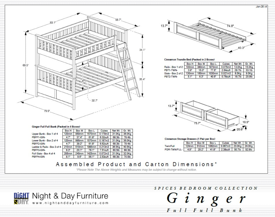 Night and Day Furniture Bunk Beds Ginger Full Over Full Bunk Bed (5 colours)