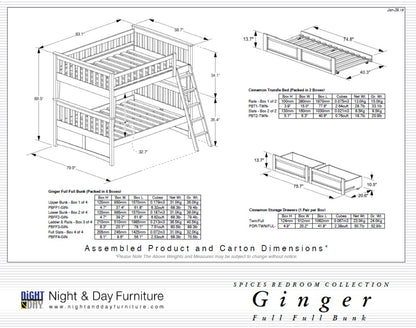 Night and Day Furniture Bunk Beds Ginger Full Over Full Bunk Bed (5 colours)