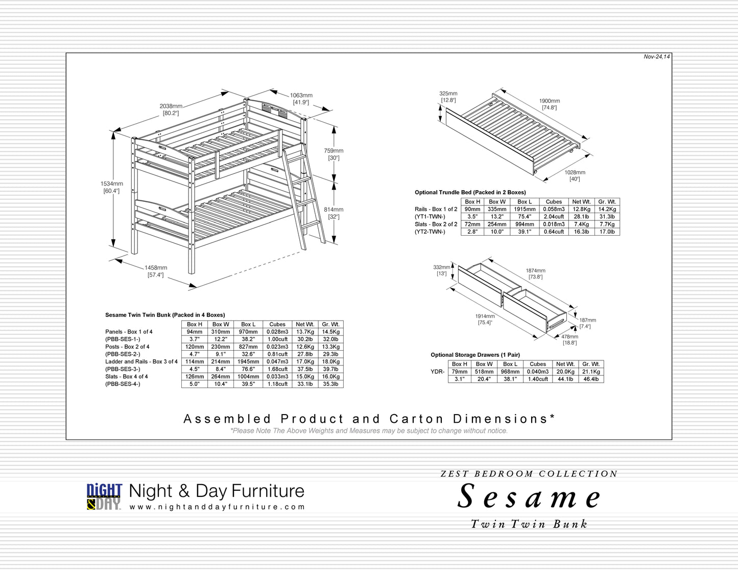 Night and Day Furniture Bunk Beds Sesame Twin over Twin Hardwood Bunk - 3 Colours