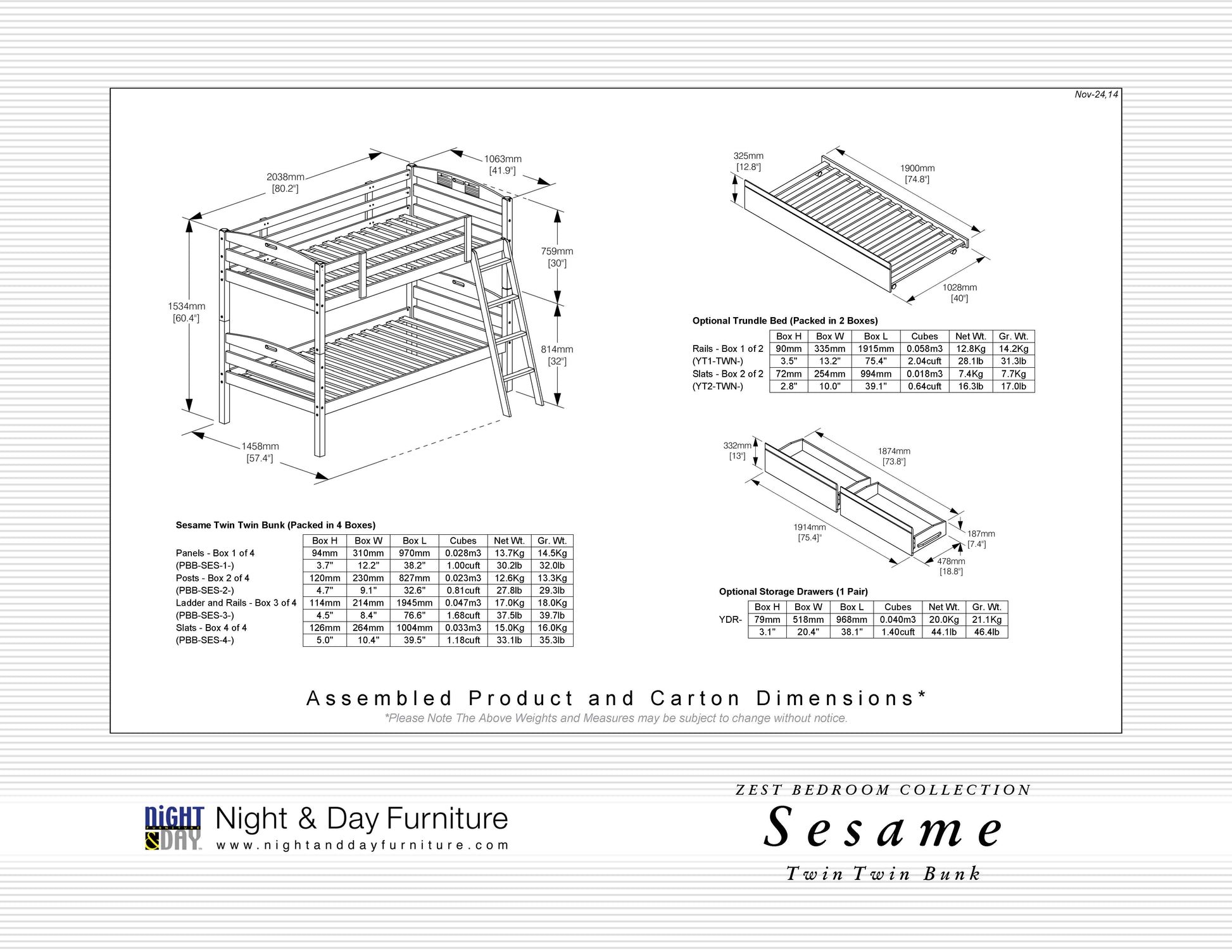 Night and Day Furniture Bunk Beds Sesame Twin over Twin Hardwood Bunk - 3 Colours