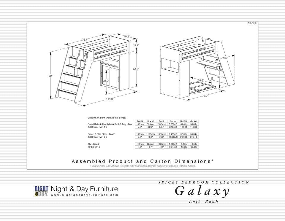 Night and Day Furniture Kids Bedroom Furniture Galaxy Loft Bunk Bed - All Colours