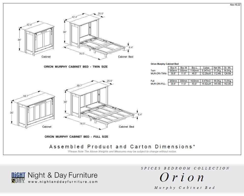 Night and Day Furniture Murphy Cabinet Beds Orion Murphy Cabinet Bed with Tri-Fold Foam Mattress (Twin Size) - Available in 5 Colours