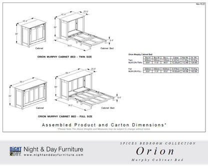 Night and Day Furniture Murphy Cabinet Beds Orion Murphy Cabinet Bed with Tri-Fold Foam Mattress (Twin Size) - Available in 5 Colours