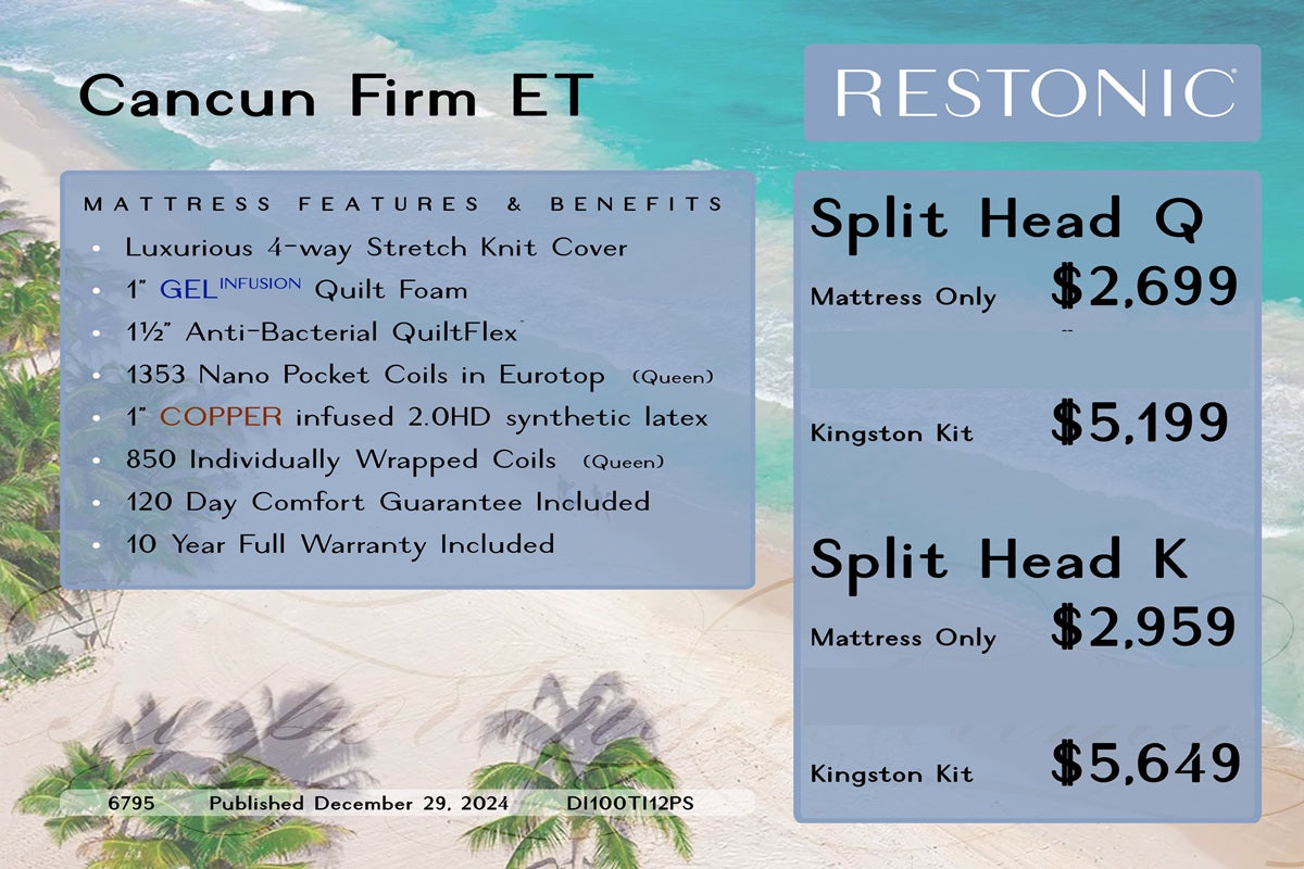 Restonic Mattress Cancun Firm Euro Top Split Head Queen
