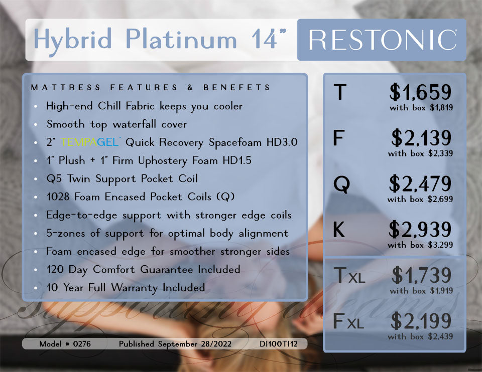 Restonic Mattress Demo/Floor Model Twin XL Hybrid Platinum 14" Twin XL - Demo/Floor Model